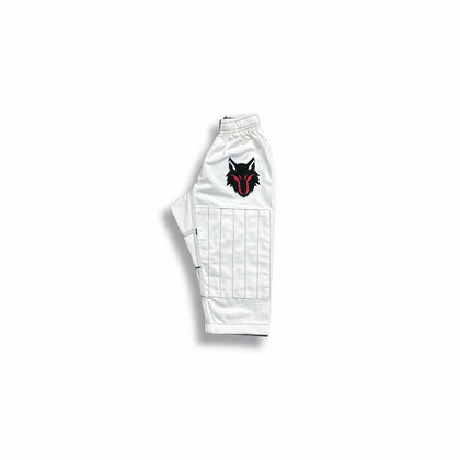 My Store THEEB Kids BJJ Gi pants in white cotton with embroidered wolf logo. Durable and flexible for training.