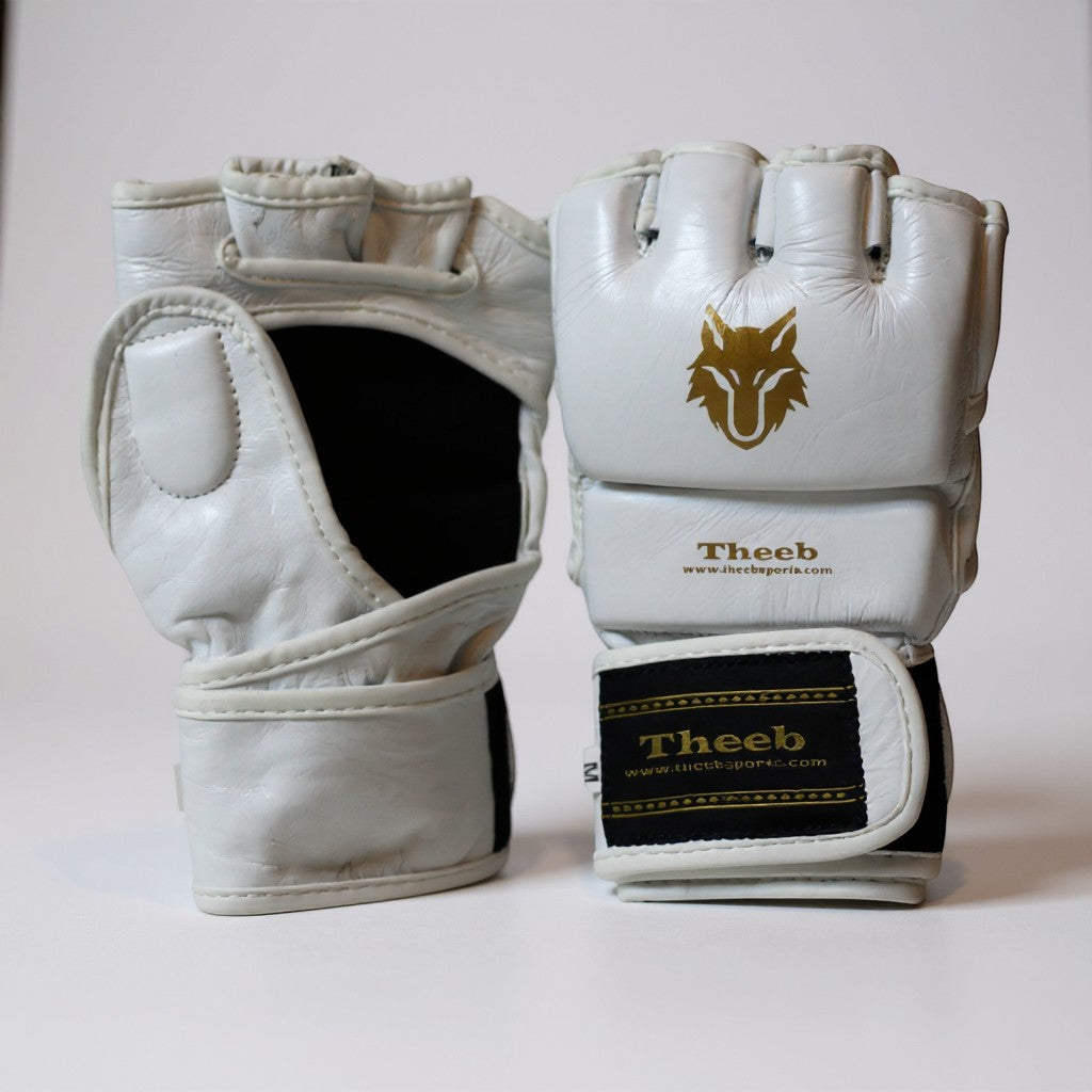My Store THEEB Golden Age kids MMA gloves in white genuine cowhide leather with open finger design and adjustable wrist strap.