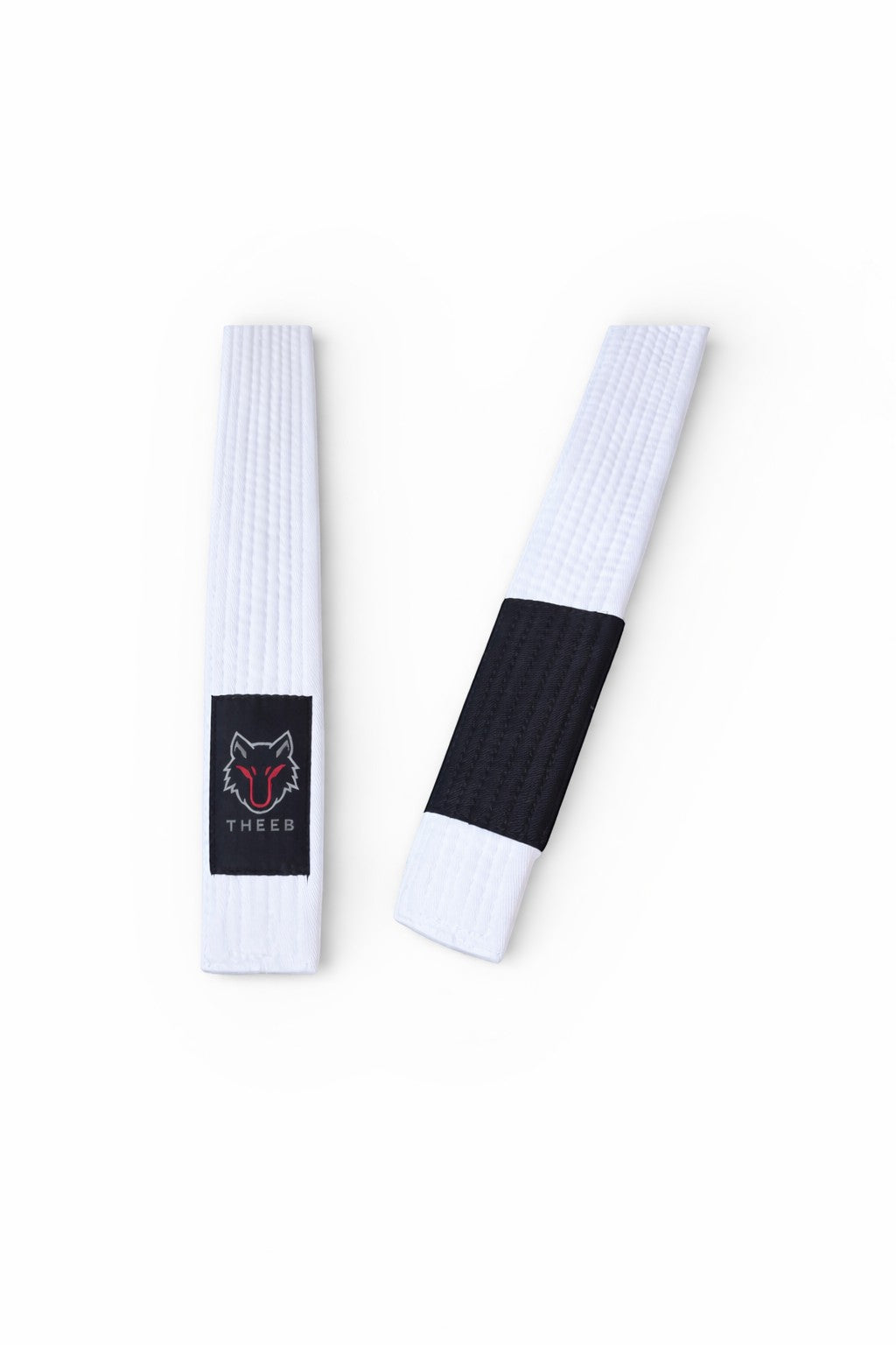 My Store Theeb BJJ kids white belt with black logo patch and black stripe detail. Durable cotton weave for martial arts training.
