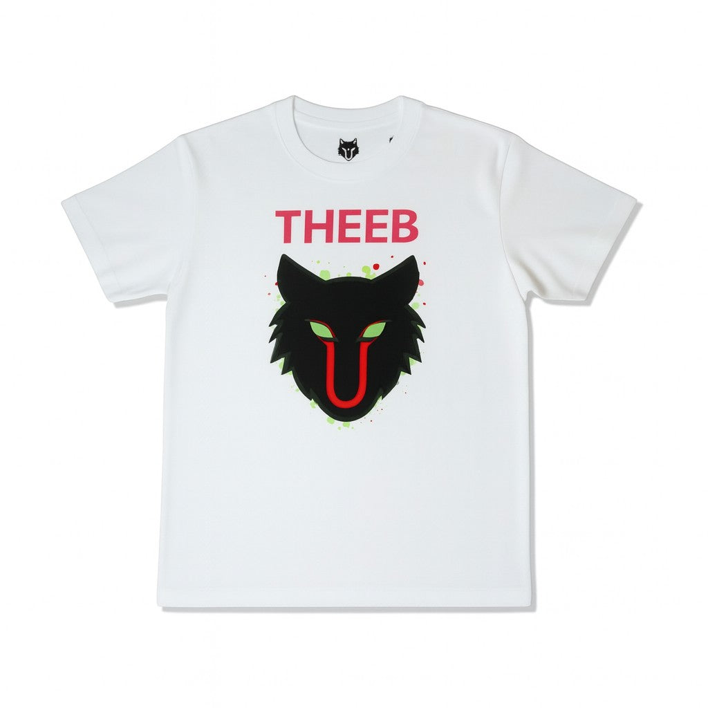 My Store THEEB kids white t-shirt with black wolf graphic and red text. Soft, breathable fabric for active wear.