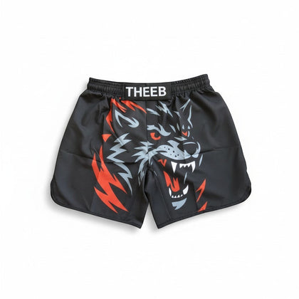 My Store black MMA shorts with a fierce wolf graphic and THEEB branding. Designed for training.