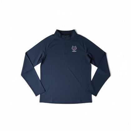 My Store THEEB navy blue zip-neck gym top with long sleeves and a wolf logo. Made from polyester and spandex blend.