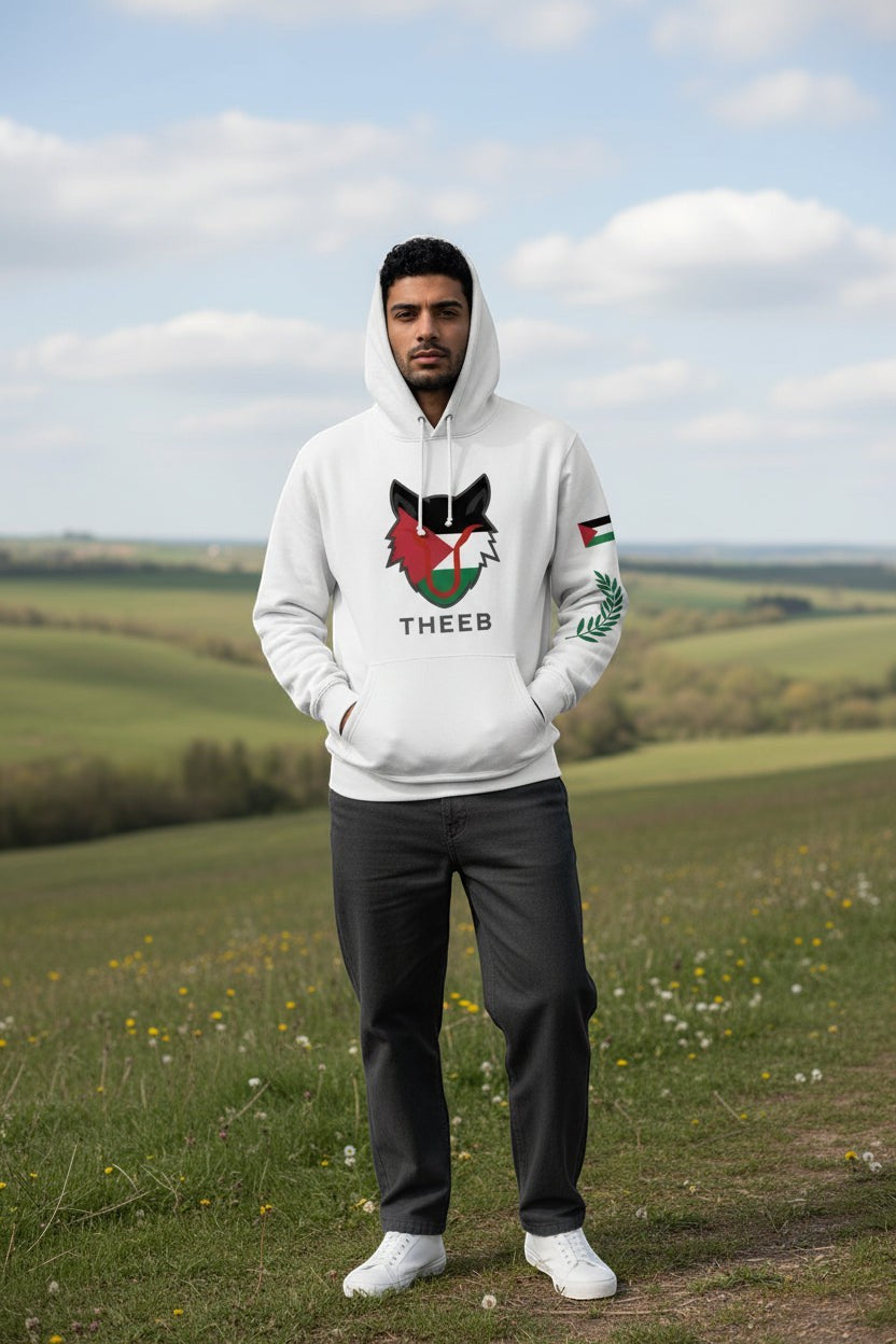 My Store white cotton hoodie with THEEB logo and Palestinian flag design on chest and sleeve. Relaxed fit.