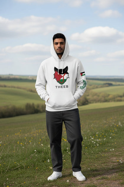 My Store white cotton hoodie with THEEB logo and Palestinian flag design on chest and sleeve. Relaxed fit.