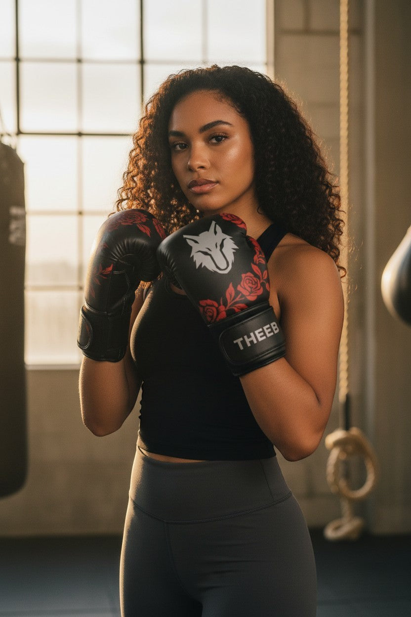 My Store THEEB Rose Fury black PU leather boxing gloves with red rose design and adjustable hook-and-loop closure.
