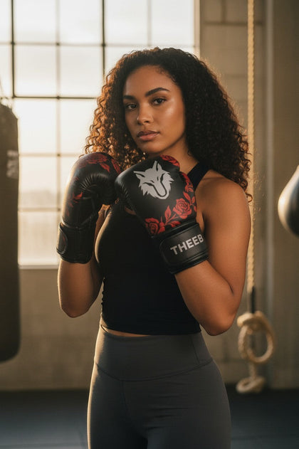 My Store THEEB Rose Fury black PU leather boxing gloves with red rose design and adjustable hook-and-loop closure.