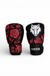 My Store THEEB Rose Fury black PU leather boxing gloves with red rose pattern and adjustable hook-and-loop closure.