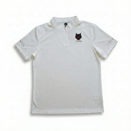 My Store white THEEB dry fit high neck short sleeve gym t-shirt with quarter zip and wolf logo.