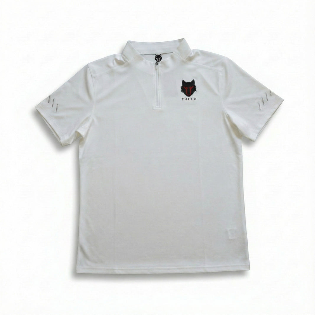 My Store white THEEB dry fit high neck short sleeve gym t-shirt with quarter zip and wolf logo.