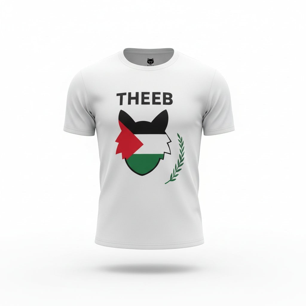 My Store white 100% polyester performance t-shirt with THEEB Wolf Of Falastin graphic and Palestinian flag.
