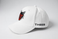 My Store white baseball cap with embroidered black and red wolf head logo and THEEB text on the side.