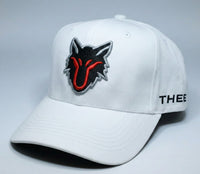 My Store white baseball cap with embroidered black and red wolf head logo on front and THEEB text on side.
